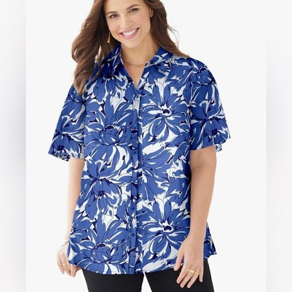 Catherines Women's Blue White Floral Timeless Short Sleeve Blouse Size 3X - Picture 1 of 9